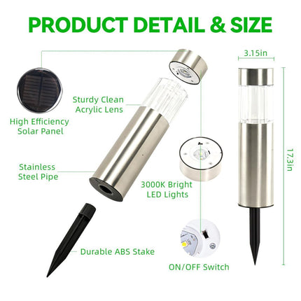 Solar Pathway Lights Outdoor, Stainless Steel Solar Garden Lights, Bright 35LM Warm White LED, Auto On/Off IP65 Waterproof Path Lights for Yard, Lawn, Walkway, Patio, Driveway - Silver - Size 4 Pack