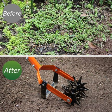 Rotary Cultivator Garden Tool, Tiller & Weeder & Stirrup Hoe | Star-shaped rotating tines break up soil clumps, while the hollow U-shaped blade removes weeds for garden beds and lawn care