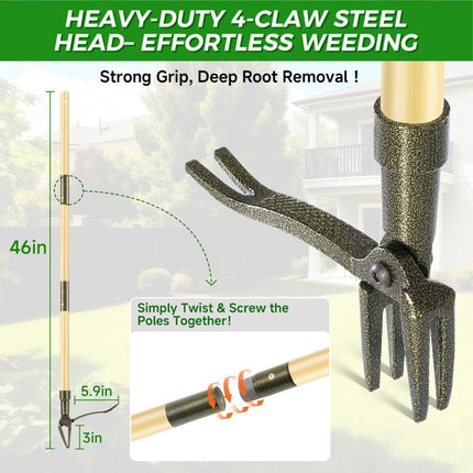 Weed Puller Tool, Stand Up Heavy Duty Weed Remover Tool with Long Handle – 4-Claw Steel Head Weeder for Dandelions, Bamboo Garden Hand Weeding Tool, No Kneeling for Easy Root Removal