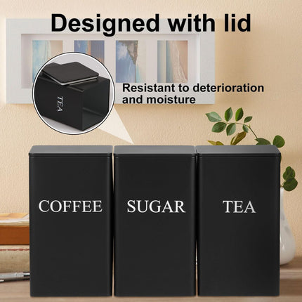 3Pcs Tea Coffee Sugar Canisters Set, Metal Coffee and Sugar Containers, Versatile Kitchen Storage Jars with Airtight Lids, Space Saving Food Canisters Set for Home Kitchen (Black)
