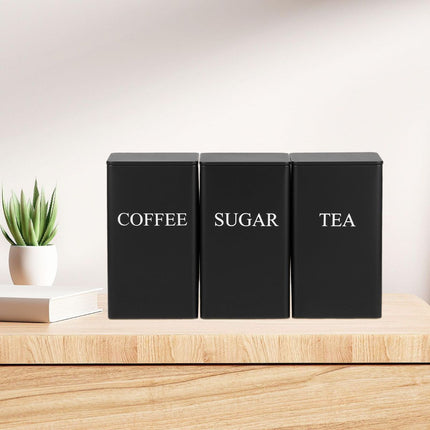 3Pcs Tea Coffee Sugar Canisters Set, Metal Coffee and Sugar Containers, Versatile Kitchen Storage Jars with Airtight Lids, Space Saving Food Canisters Set for Home Kitchen (Black)