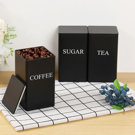 3Pcs Tea Coffee Sugar Canisters Set, Metal Coffee and Sugar Containers, Versatile Kitchen Storage Jars with Airtight Lids, Space Saving Food Canisters Set for Home Kitchen (Black)