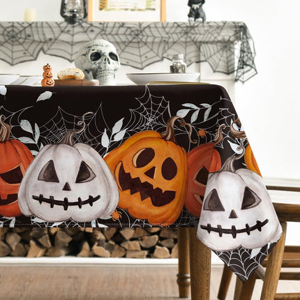 Halloween Tablecloth Black Orange | Pumpkin Jack-O-Lantern Cobweb Washable Table Cover for Party Picnic Dinner Decor - Black-Orange - Size 60in*60in