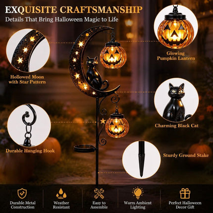 Solar Halloween Garden Stake Lights Black Cat Pumpkin Moon (Size C)