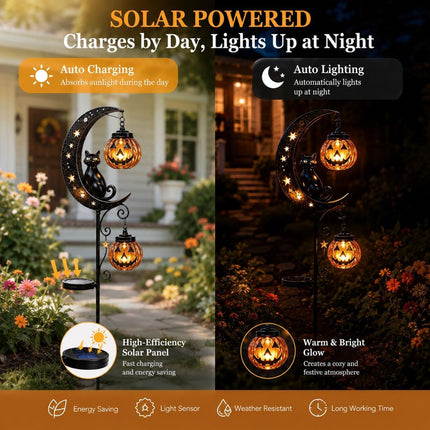 Solar Halloween Garden Stake Lights Black Cat Pumpkin Moon (Size a)