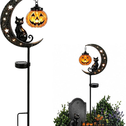 Solar Halloween Garden Stake Lights Black Cat Pumpkin Moon (Size B)
