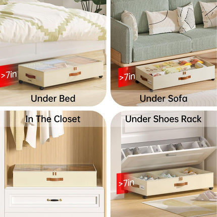 2 Pack Under Bed Storage with Wheels, Under Bed Storage Containers with Adjustable Dividers & Clear Lid, Rolling Underbed Organizer Bins Drawer for Clothes, Shoes, Blankets - Beige - Size 30.3 x 16 x 6.7 inches