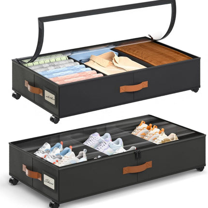 2 Pack Under Bed Storage with Wheels, Under Bed Storage Containers with Adjustable Dividers & Clear Lid, Rolling Underbed Organizer Bins Drawer for Clothes, Shoes, Blankets - Black - Size 30.3 x 16 x 6.7 inches