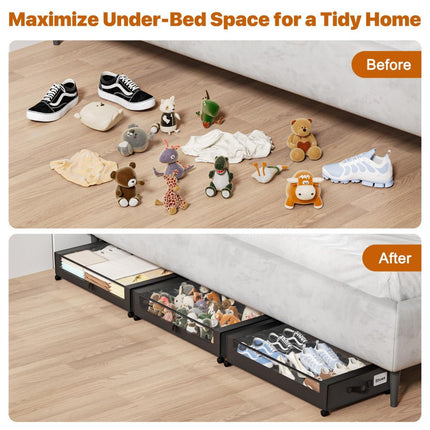 Under Bed Storage with Wheels,XXL 60L Under Bed Storage Containers with Clear Lids, Rolling Under Bed Metal Drawer for Clothes, Shoes,Toys - Black - Size 60L