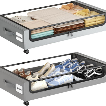 Under Bed Storage with Wheels,XXL 60L Under Bed Storage Containers with Clear Lids, Rolling Under Bed Metal Drawer for Clothes, Shoes,Toys - Black - Size 60L