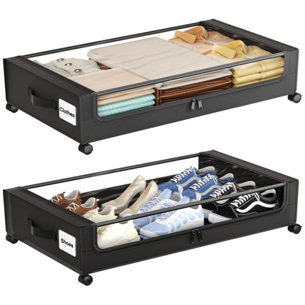 Under Bed Storage with Wheels,XXL 60L Under Bed Storage Containers with Clear Lids, Rolling Under Bed Metal Drawer for Clothes, Shoes,Toys - Gray - Size 60L
