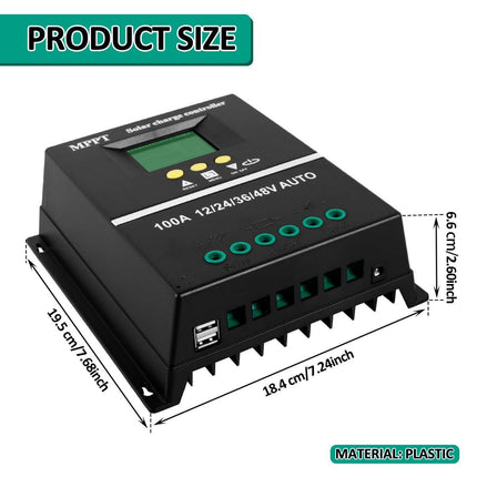 MPPT 36V/48V/24V/12V Solar Charge Controller Tools LCD Dual USB Lead Acid Lithium Batteries Quick Charger - Black - Size 100A