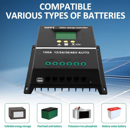 MPPT 36V/48V/24V/12V Solar Charge Controller Tools LCD Dual USB Lead Acid Lithium Batteries Quick Charger - Black - Size 100A