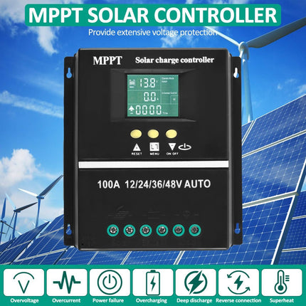 MPPT 36V/48V/24V/12V Solar Charge Controller Tools LCD Dual USB Lead Acid Lithium Batteries Quick Charger - Black - Size 60A