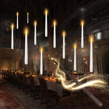 Flameless Floating Candles with Wand,12 Pcs Magic LED Hanging Taper Candles,Flickering Battery Operated Taper Candle with Wand Remote for Halloween Decorations Best Gift(White)
