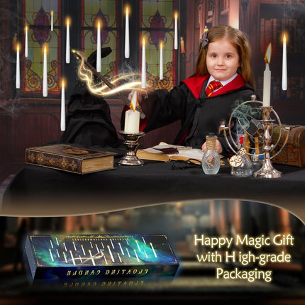 Flameless Floating Candles with Wand,12 Pcs Magic LED Hanging Taper Candles,Flickering Battery Operated Taper Candle with Wand Remote for Halloween Decorations Best Gift(White)