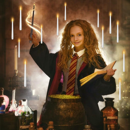 Flameless Floating Candles with Wand,12 Pcs Magic LED Hanging Taper Candles,Flickering Battery Operated Taper Candle with Wand Remote for Halloween Decorations Best Gift(White)