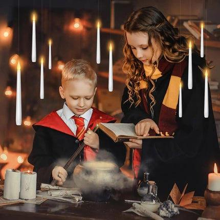 Flameless Floating Candles with Wand,12 Pcs Magic LED Hanging Taper Candles,Flickering Battery Operated Taper Candle with Wand Remote for Halloween Decorations Best Gift(White)