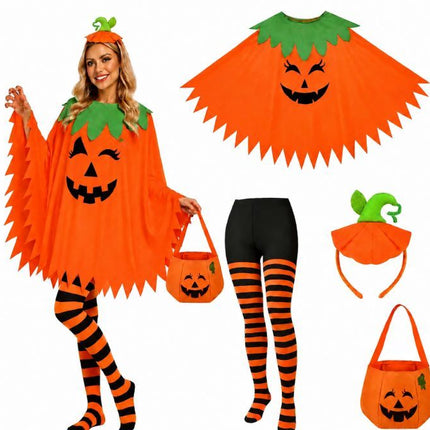 4 PCS Halloween Costume Set for Women Adult, Perfect for Halloween | All-in-One Halloween Costume Set with Double-Sided Poncho, Striped Tights, Candy Bag for Halloween Cosplay