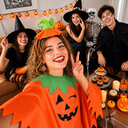 4 PCS Halloween Costume Set for Women Adult, Perfect for Halloween | All-in-One Halloween Costume Set with Double-Sided Poncho, Striped Tights, Candy Bag for Halloween Cosplay