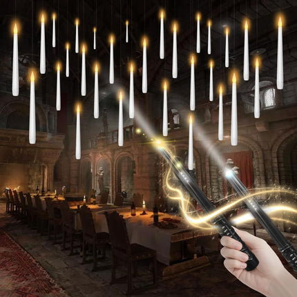 Flameless Floating Candles with Wand,30 Pcs Magic LED Hanging Taper Candles,Flickering Battery Operated Taper Candle with Wand Remote for Halloween Decorations Best Gift(White)