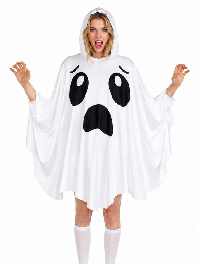 Adult Ghost Costume for Women White Hooded Ghost Poncho Spooky Halloween Costume V1107-129-59615