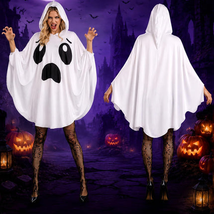 Adult Ghost Costume for Women – White Hooded Ghost Poncho, Spooky Halloween Costume