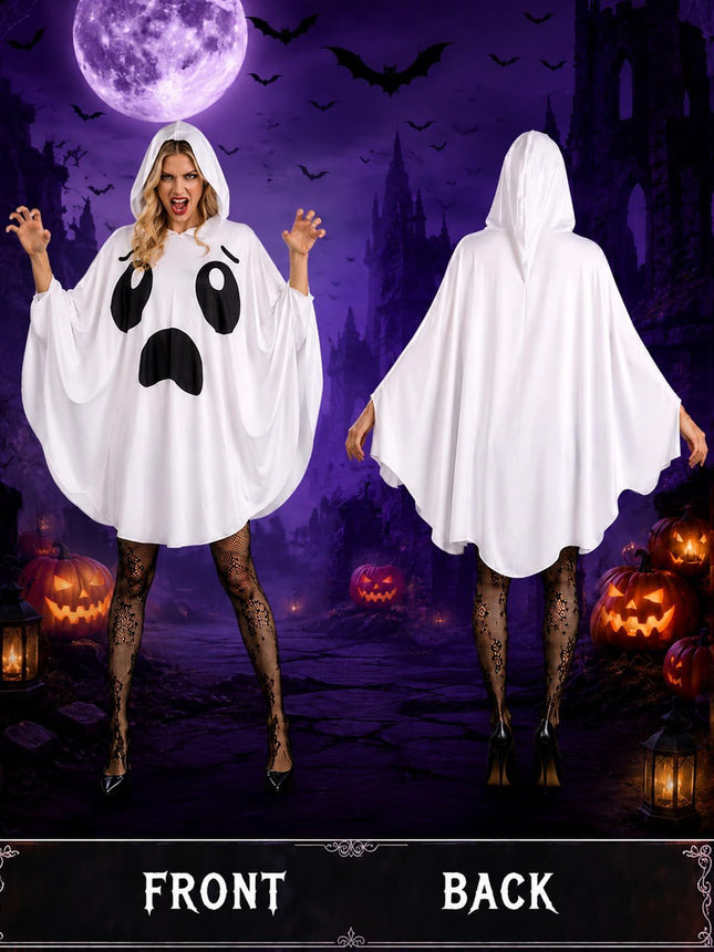 Adult Ghost Costume for Women White Hooded Ghost Poncho Spooky Halloween Costume – product detail