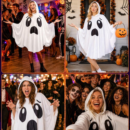 Adult Ghost Costume for Women – White Hooded Ghost Poncho, Spooky Halloween Costume