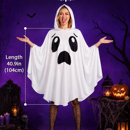 Adult Ghost Costume for Women – White Hooded Ghost Poncho, Spooky Halloween Costume
