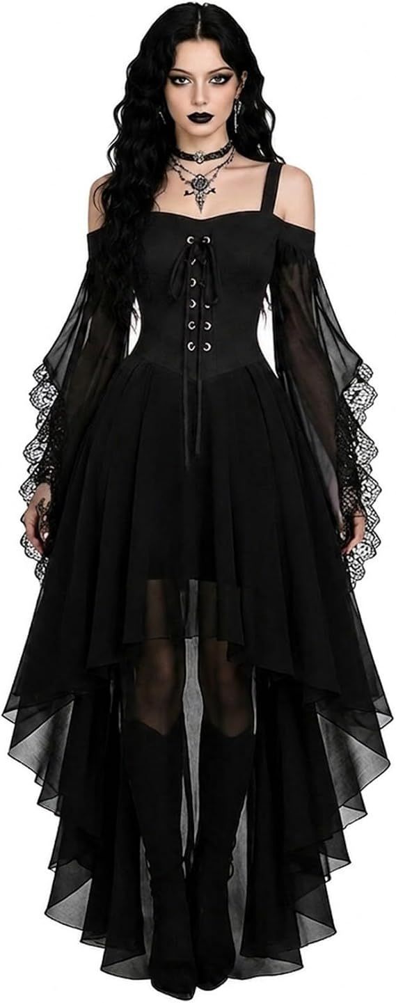 Women Witch Dress Halloween Costumes Vampire Woman Renaissance Medieval Butterfly Sleeve Mesh Gothic Dresses