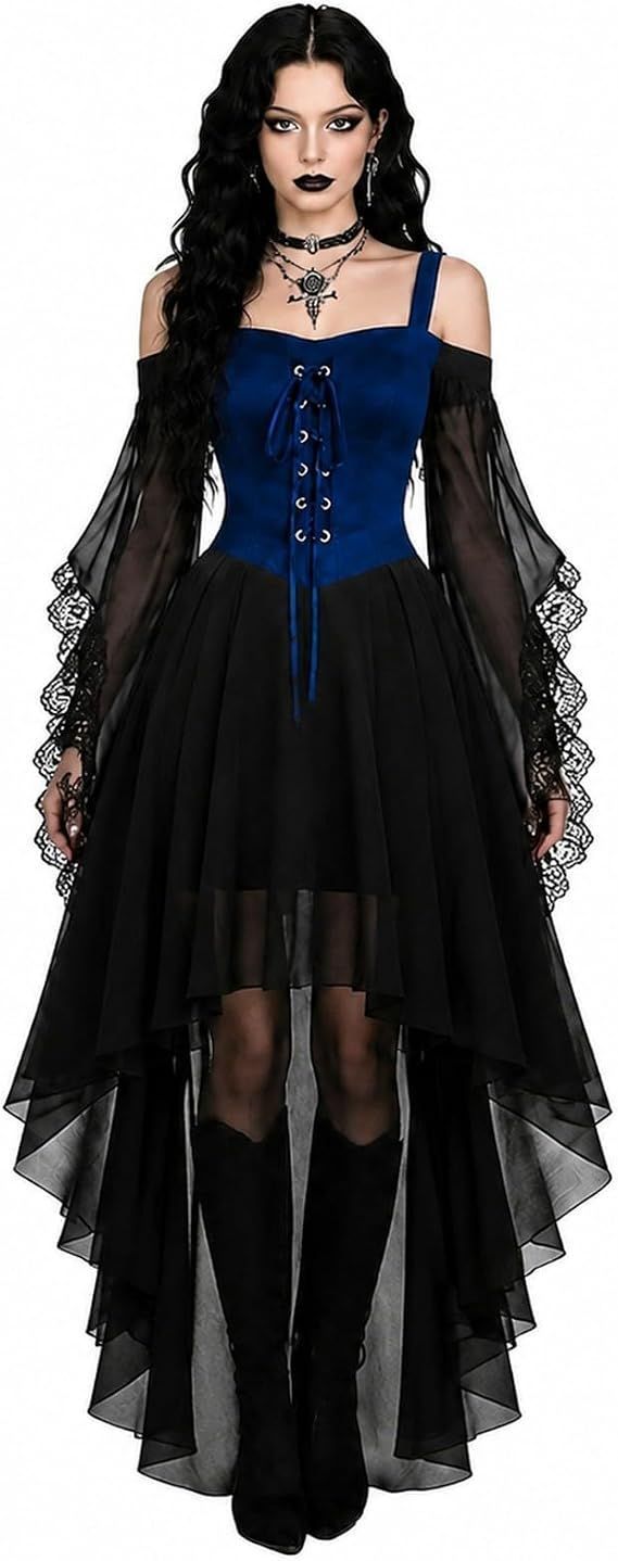 Women Witch Dress Halloween Costumes Vampire Woman Renaissance Medieval Butterfly Sleeve Mesh Gothic Dresses