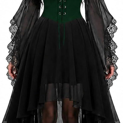 Women Witch Dress Halloween Costumes Vampire Woman Renaissance Medieval Butterfly Sleeve Mesh Gothic Dresses - Green - Size L