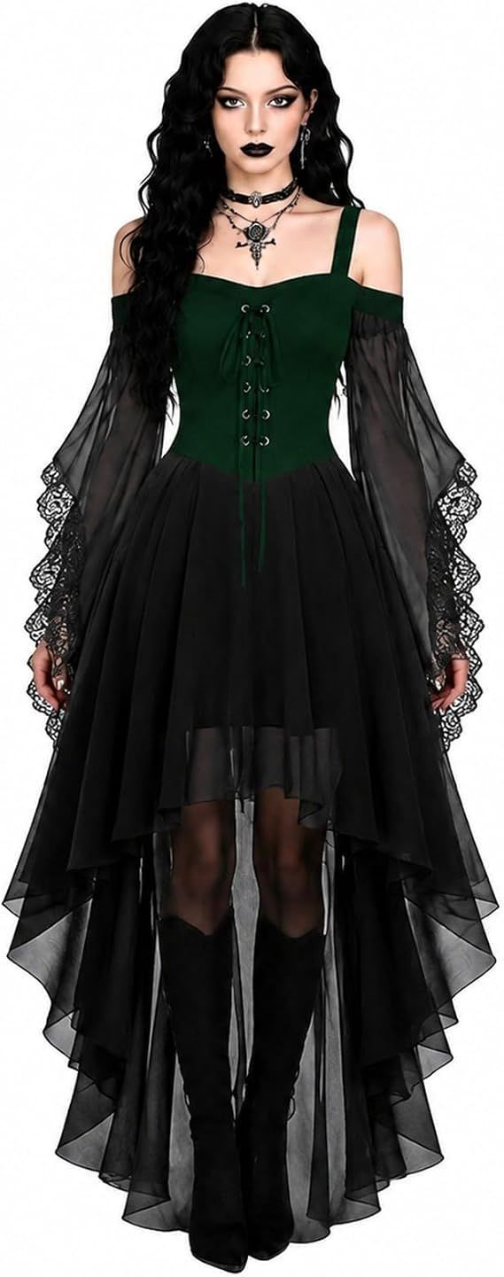 Women Witch Dress Halloween Costumes Vampire Woman Renaissance Medieval Butterfly Sleeve Mesh Gothic Dresses