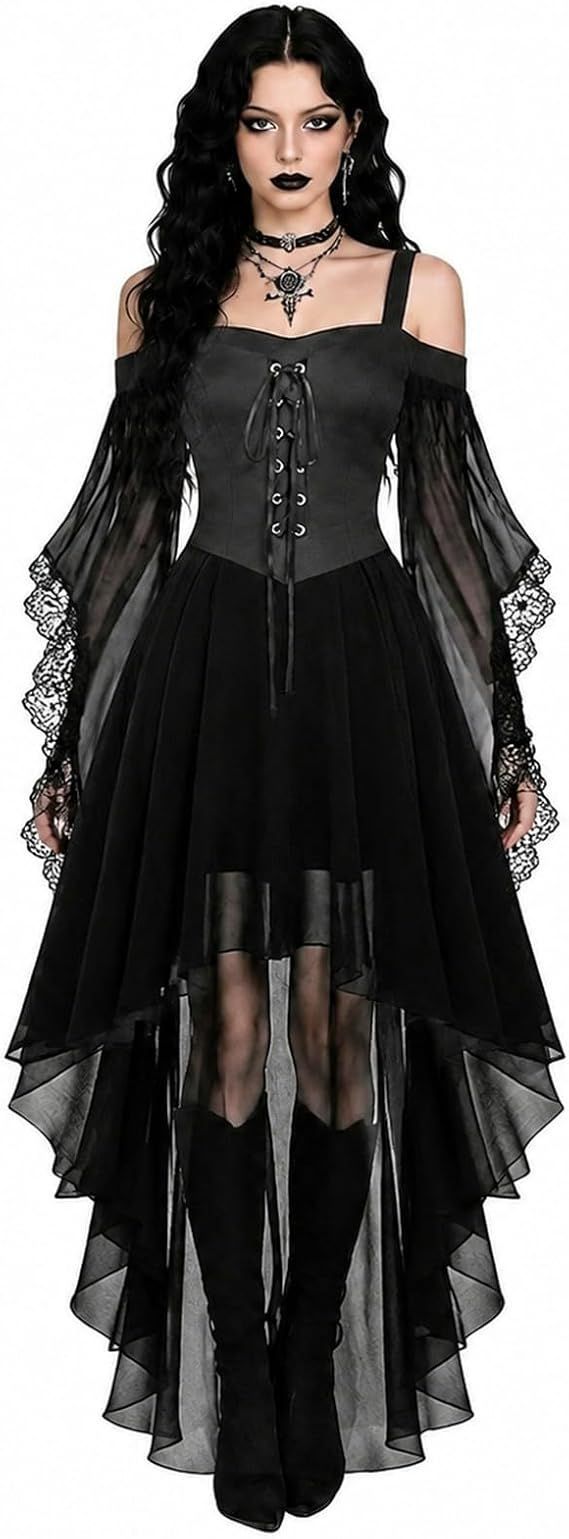 Women Witch Dress Halloween Costumes Vampire Woman Renaissance Medieval Butterfly Sleeve Mesh Gothic Dresses