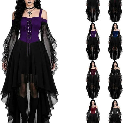 Women Witch Dress Halloween Costumes Vampire Woman Renaissance Medieval Butterfly Sleeve Mesh Gothic Dresses - Purple - Size S