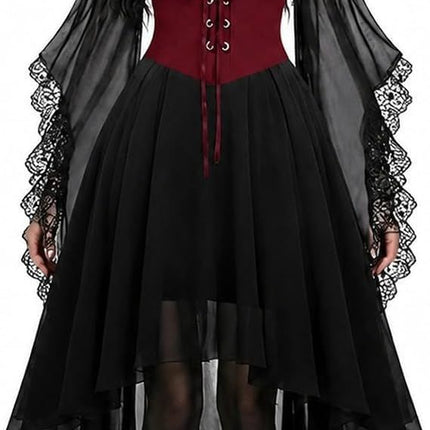 Women Witch Dress Halloween Costumes Vampire Woman Renaissance Medieval Butterfly Sleeve Mesh Gothic Dresses - Red - Size L