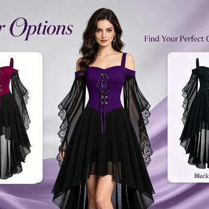 Women Witch Dress Halloween Costumes Vampire Woman Renaissance Medieval Butterfly Sleeve Mesh Gothic Dresses - Red - Size L
