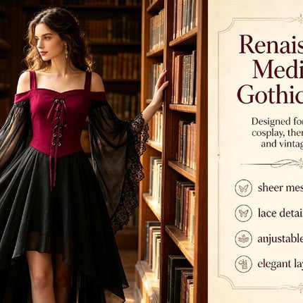 Women Witch Dress Halloween Costumes Vampire Woman Renaissance Medieval Butterfly Sleeve Mesh Gothic Dresses - Red - Size M