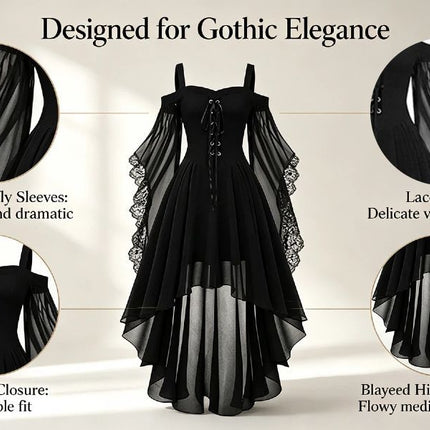 Women Witch Dress Halloween Costumes Vampire Woman Renaissance Medieval Butterfly Sleeve Mesh Gothic Dresses - Red - Size XL