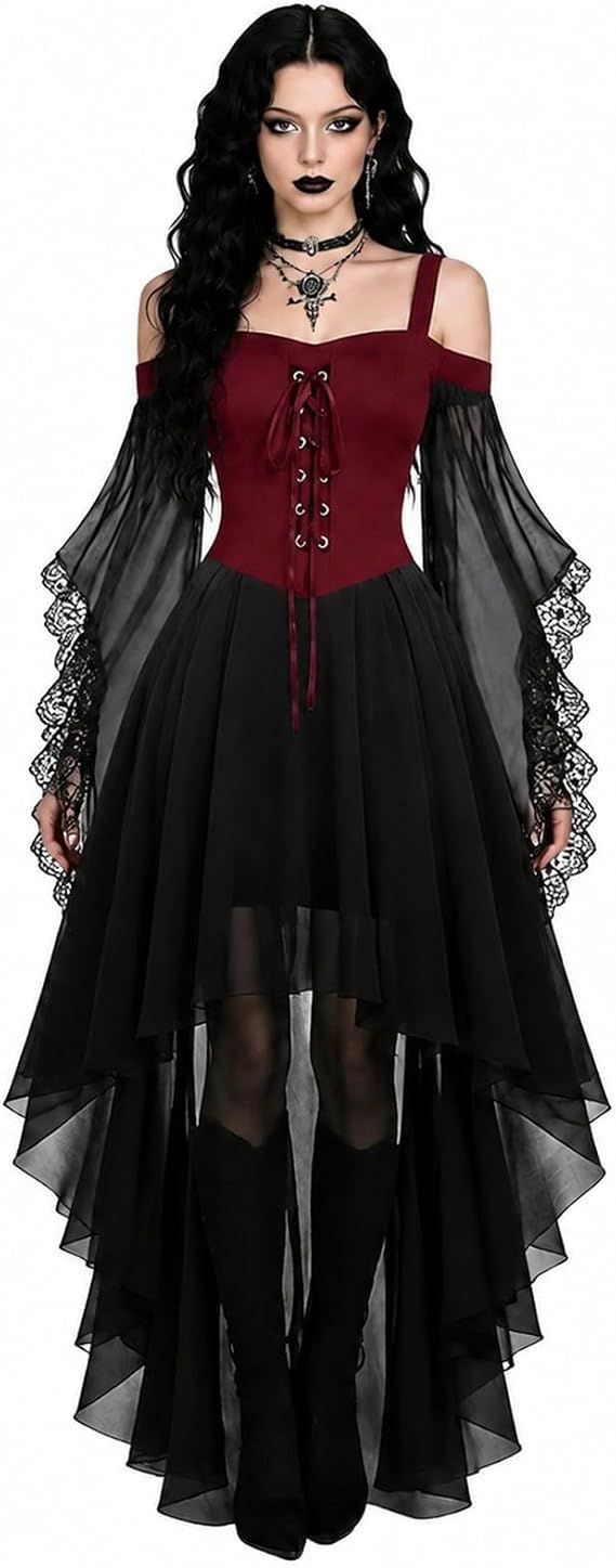 Women Witch Dress Halloween Costumes Vampire Woman Renaissance Medieval Butterfly Sleeve Mesh Gothic Dresses