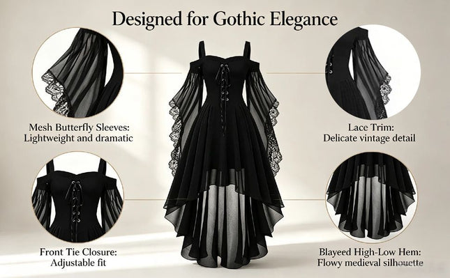 Women Witch Dress Halloween Costumes Vampire Woman Renaissance Medieval Butterfly Sleeve Mesh Gothic – product detail