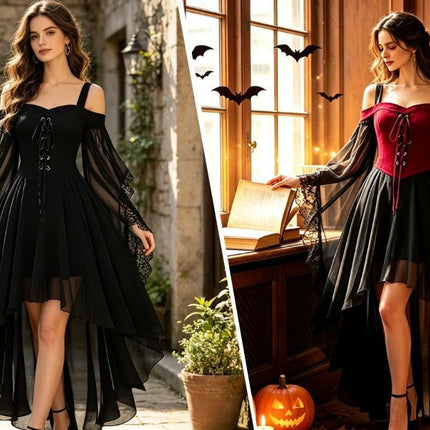 Women Witch Dress Halloween Costumes Vampire Woman Renaissance Medieval Butterfly Sleeve Mesh Gothic Dresses - Red - Size XXL
