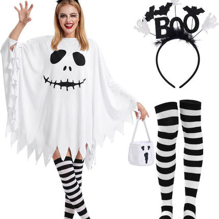 4 Pcs Halloween Ghost Costume Set for Women Adult, Scary Ghost Poncho Headband Striped Stockings Candy Bag for Halloween Cosplay Party
