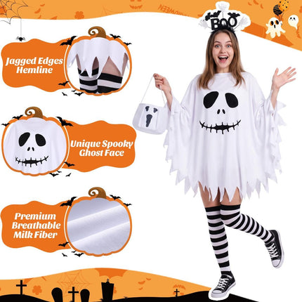 4 Pcs Halloween Ghost Costume Set for Women Adult, Scary Ghost Poncho Headband Striped Stockings Candy Bag for Halloween Cosplay Party
