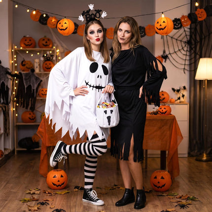 4 Pcs Halloween Ghost Costume Set for Women Adult, Scary Ghost Poncho Headband Striped Stockings Candy Bag for Halloween Cosplay Party
