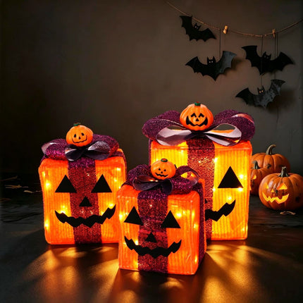 3 Pack Lighted Halloween Pumpkin Gift Boxes
