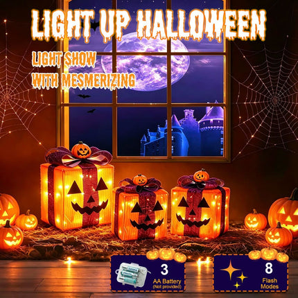 3 Pack Lighted Halloween Pumpkin Gift Boxes