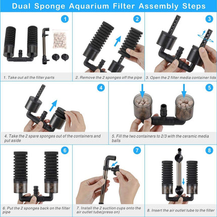 Aquarium Double Sponge Filter, Comes with 2 Spare Sponges (Size S)
