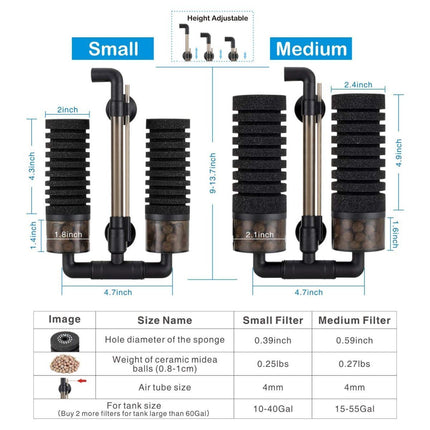 Aquarium Double Sponge Filter, Comes with 2 Spare Sponges (Size S)